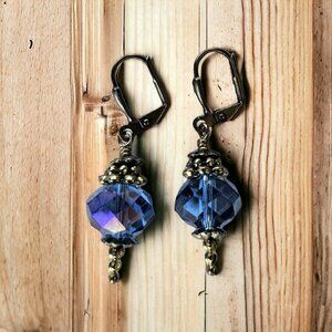 Blue Czech Crystal Accented with Brass Accent Earrings